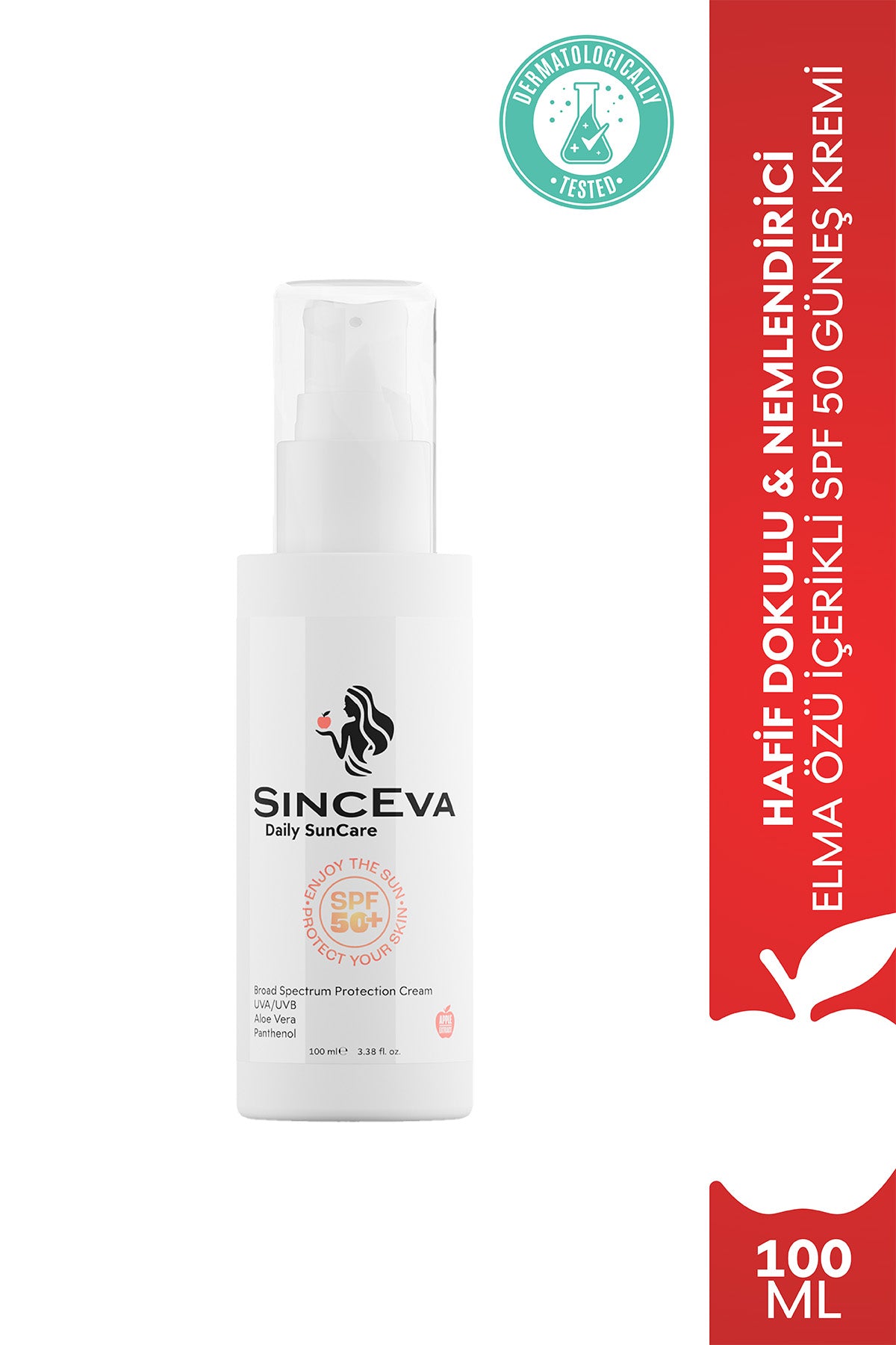 Güneş Kremi SPF 50 Aloe Vera + Panthenol Elma Özlü Geniş Spektrumlu UVA/UVB Koruma 100ml