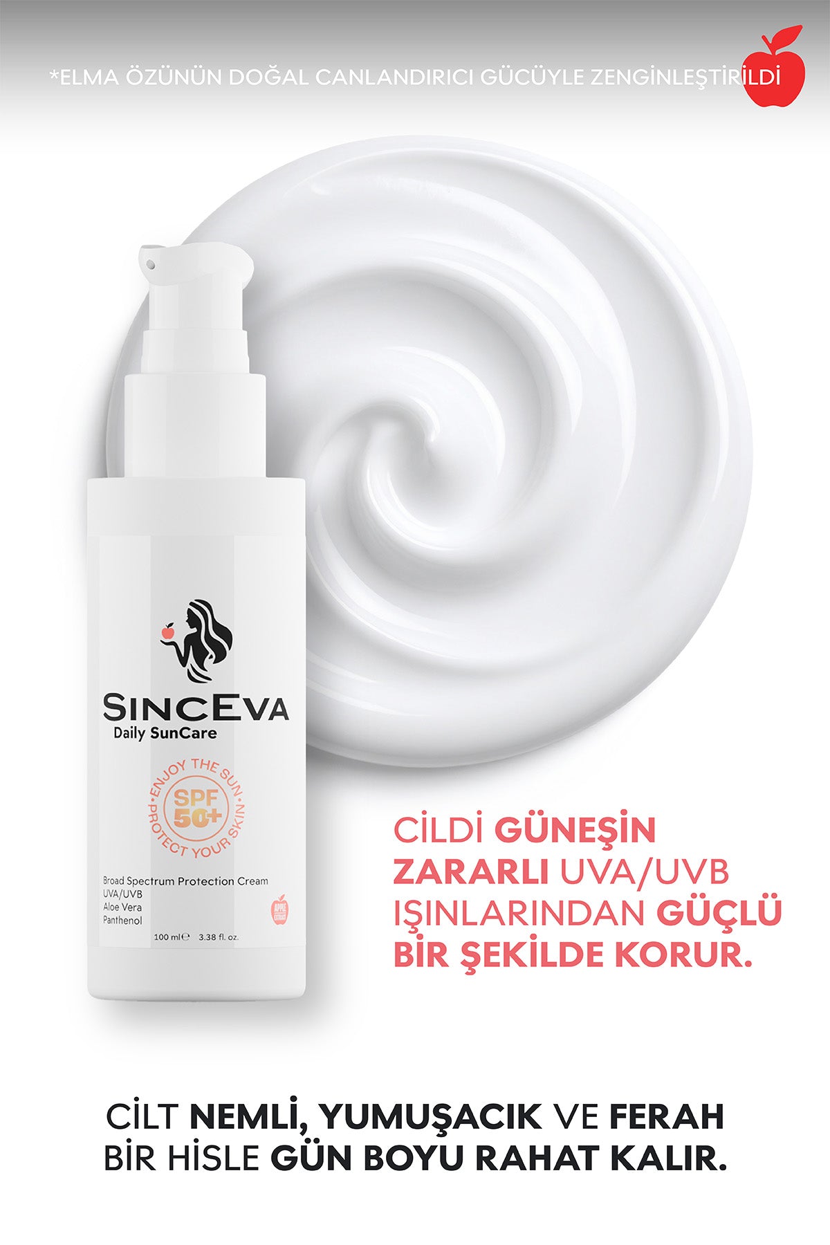Güneş Kremi SPF 50 Aloe Vera + Panthenol Elma Özlü Geniş Spektrumlu UVA/UVB Koruma 100ml