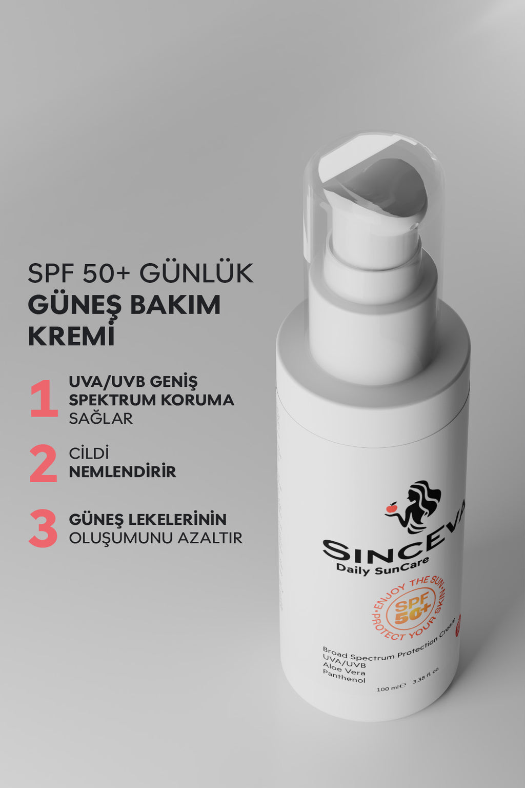 Güneş Kremi SPF 50 Aloe Vera + Panthenol Elma Özlü Geniş Spektrumlu UVA/UVB Koruma 100ml